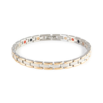 Continuum  negative ion bracelet with stainless steel and rose gold, front clasped view.